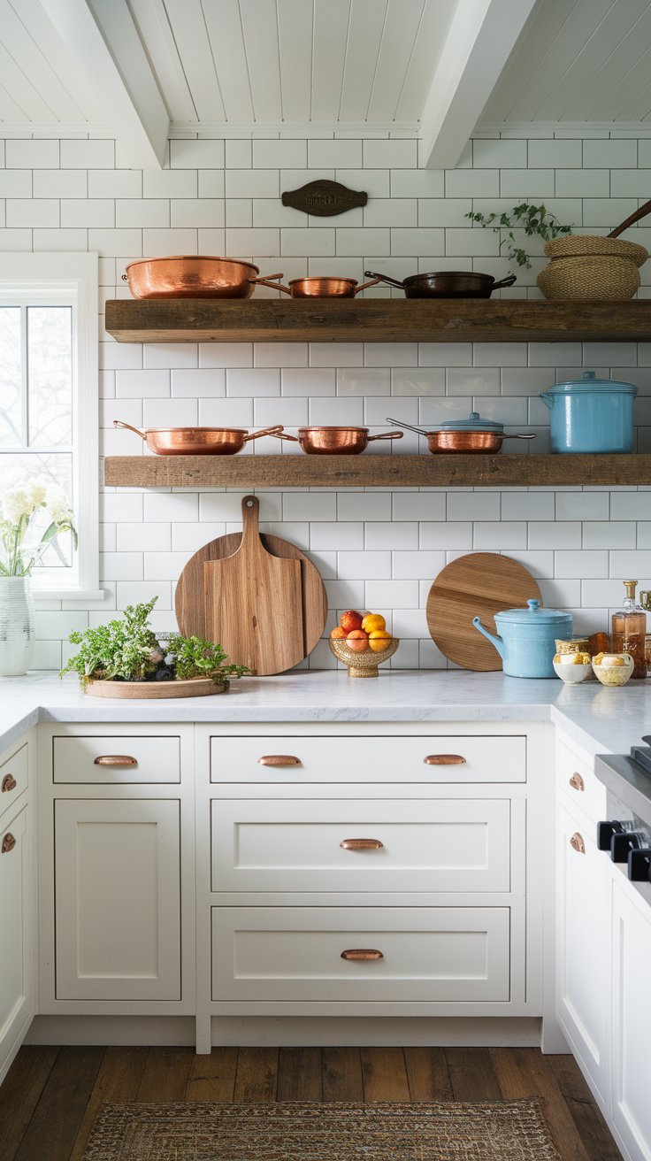Open shelving with vintage cookware adding functional charm to western kitchen