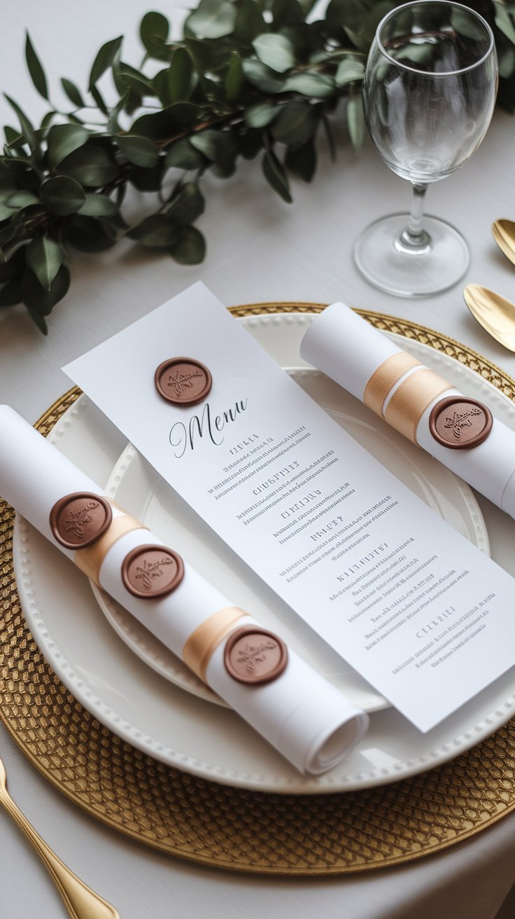 Personalized menu scrolls adding regal and memorable detail to wedding table decor