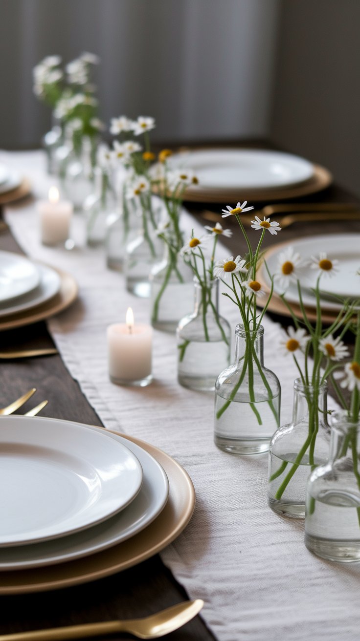 Single stem florals in tiny vases creating delicate and conversational centerpiece for minimalist table
