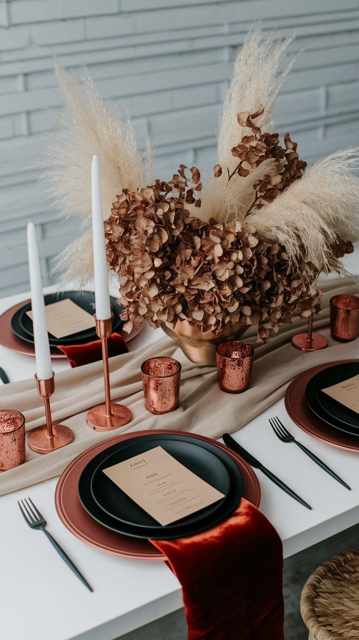 Autumn table setting with velvet textures and dried botanicals for cozy seasonal elegance