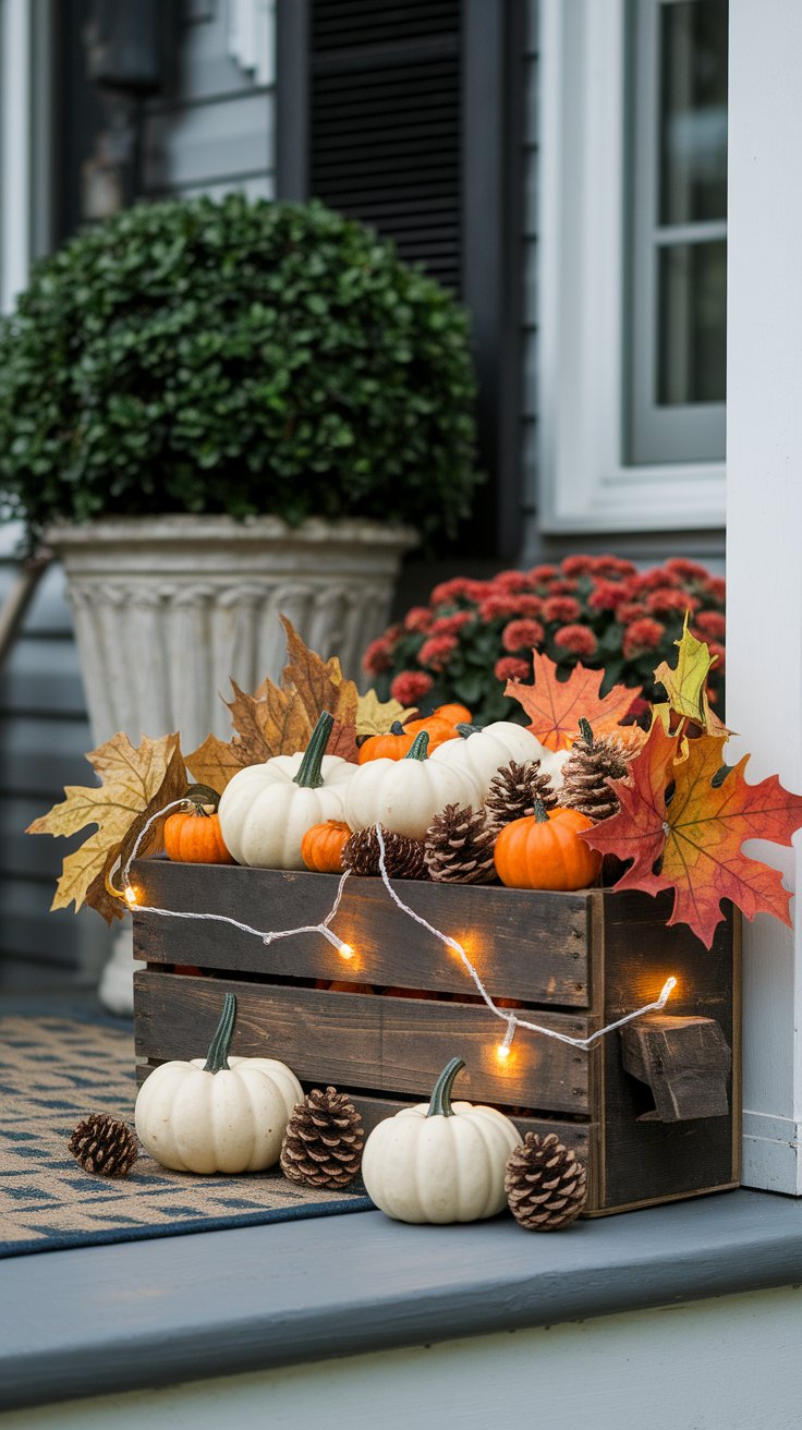 Wooden crate filled with fall decor elements creating rustic seasonal display