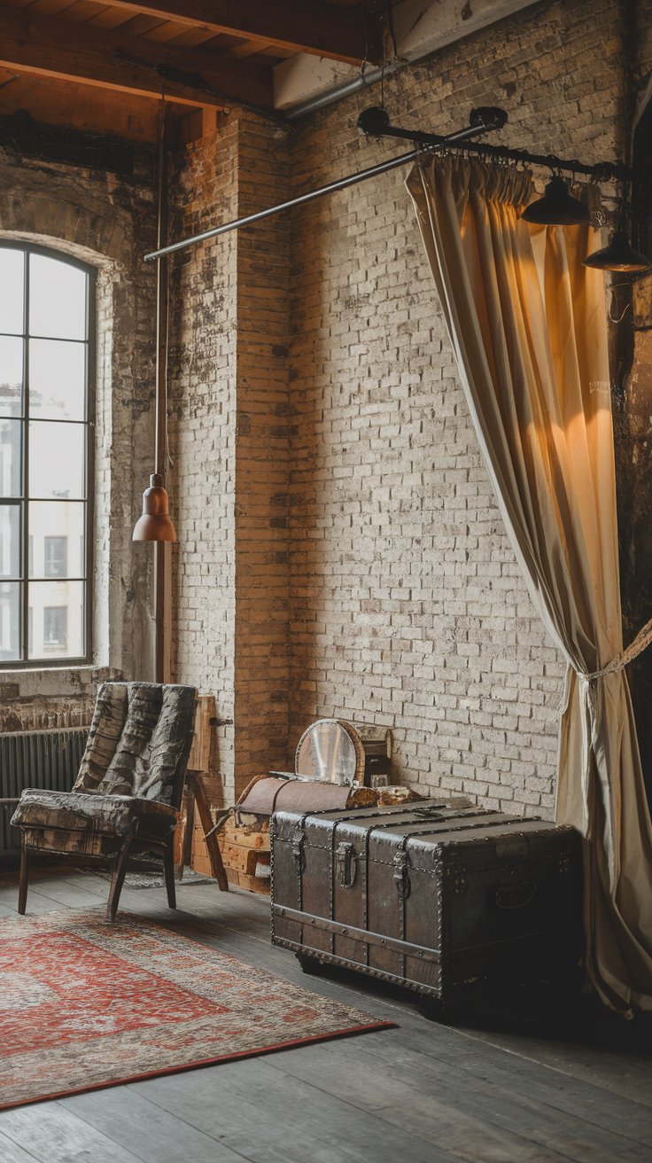 Drop cloth divider with industrial pipe frame adding raw texture to modern rustic interior
