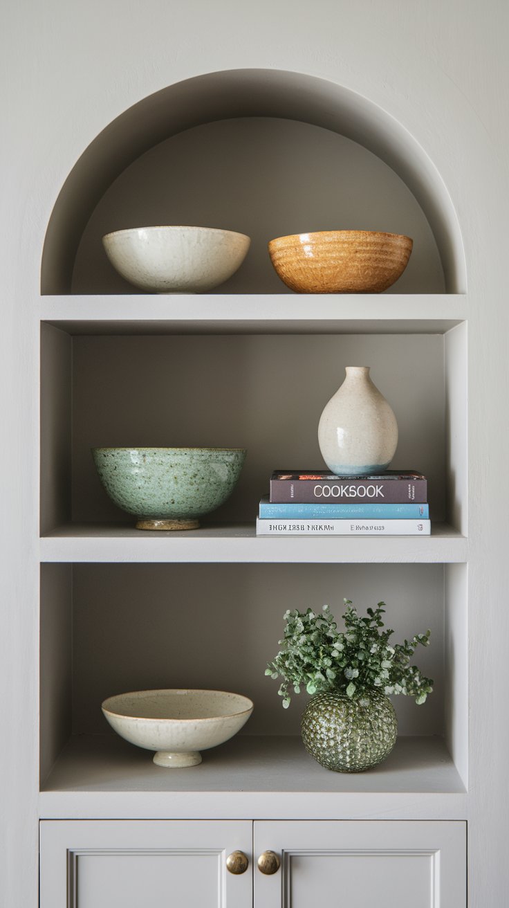 Odd-numbered groupings creating natural and balanced shelf styling in minimalist kitchen