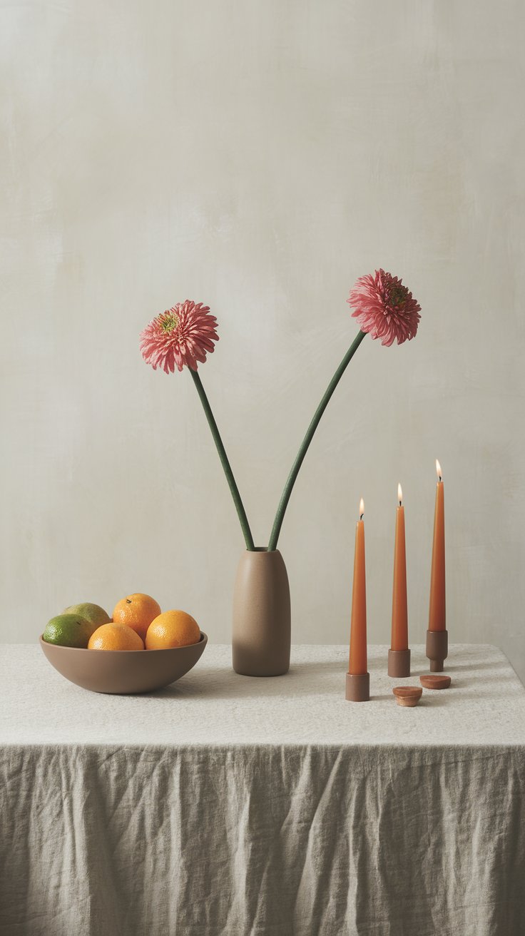 Low-profile centerpiece with florals and candles enhancing minimalist table without clutter