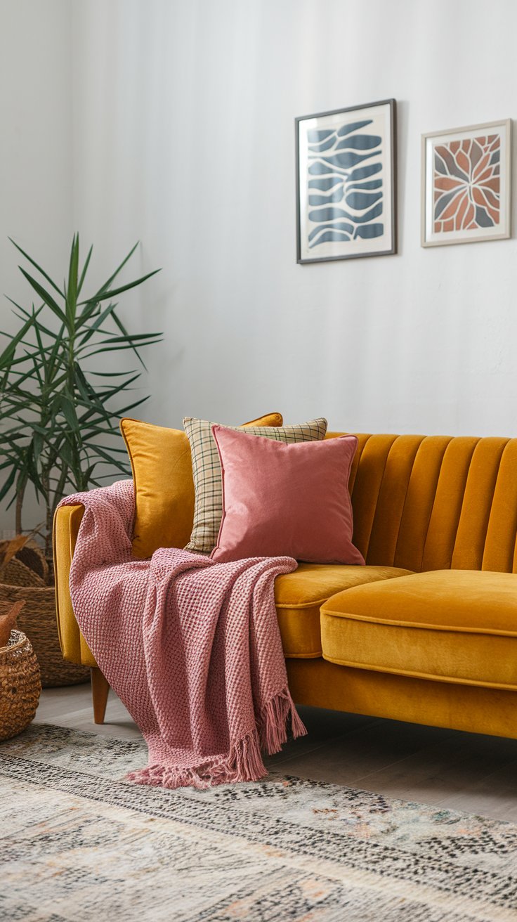 Velvet and corduroy cushion covers in warm tones for seasonal living room update
