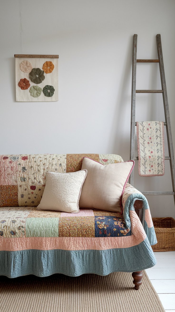 Antique prairie quilt adding softness and nostalgia to ranch-style living room