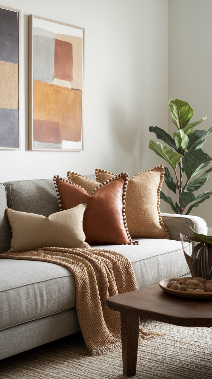Textured pillows in burlap and leather enhancing tactile warmth in western decor