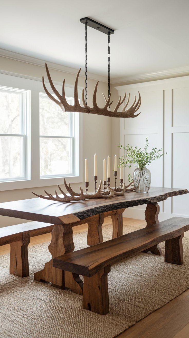 Rough-hewn dining table and benches recreating communal Viking longhouse atmosphere