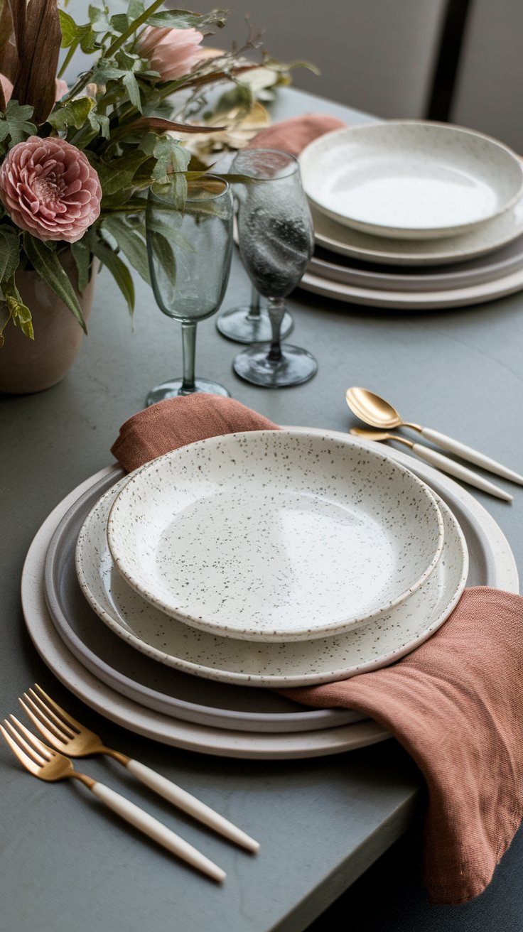 Ceramic and stoneware table setting with artisanal textures and earthy tones