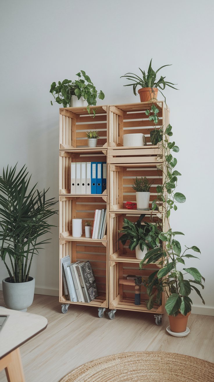 Rolling crate divider offering flexible storage and rustic charm in multipurpose space