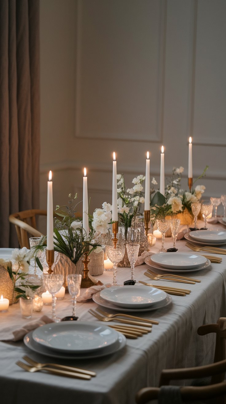 Candlelit minimalist table creating intimate and flattering ambiance for hosting