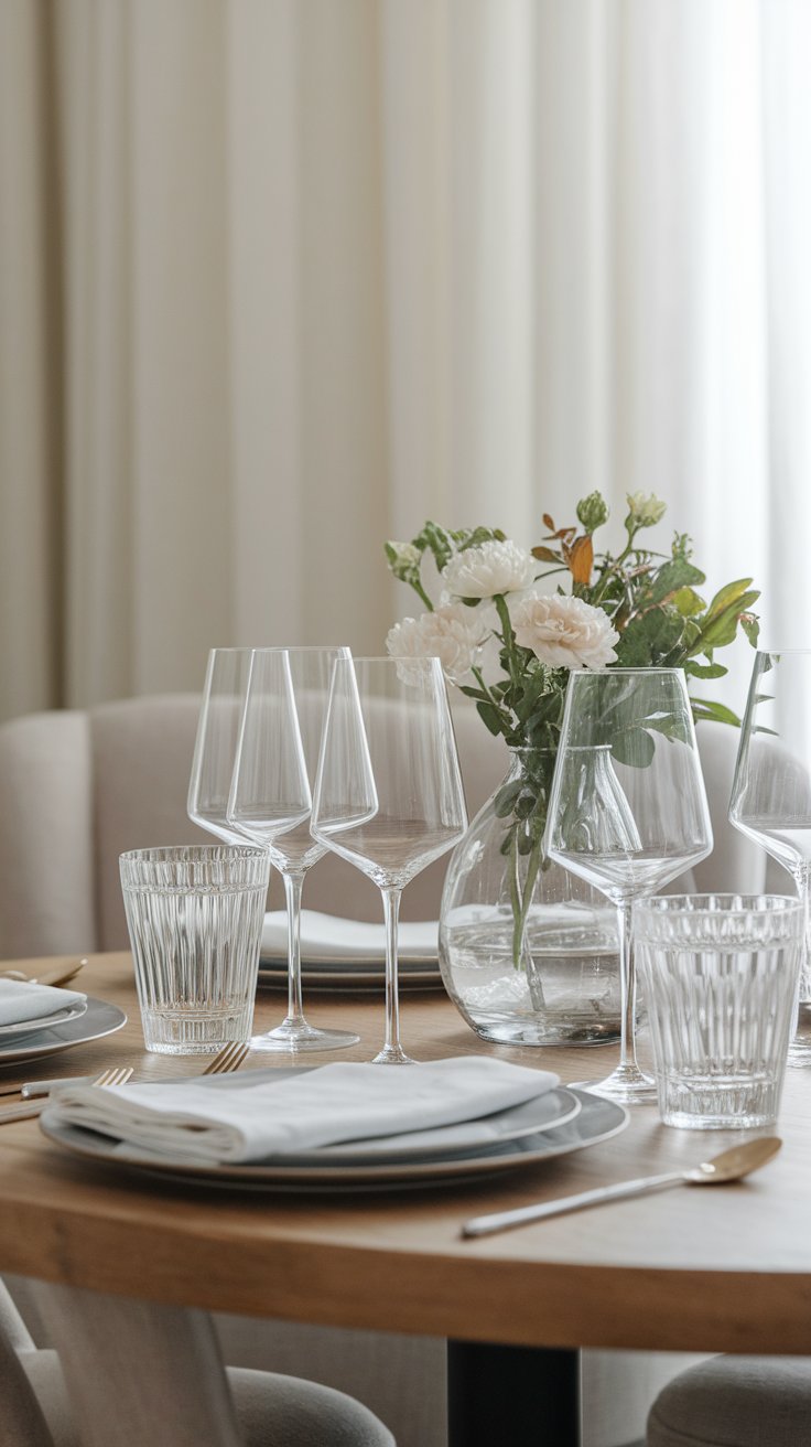 Simple glassware in matching style maintaining visual clarity in minimalist table design