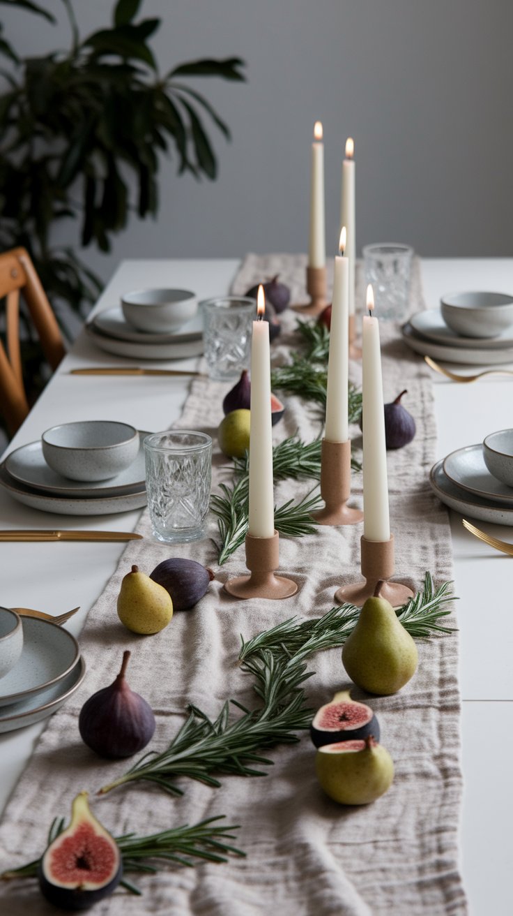 Seasonal produce and herbs used as edible decor for fragrant and budget-friendly table styling