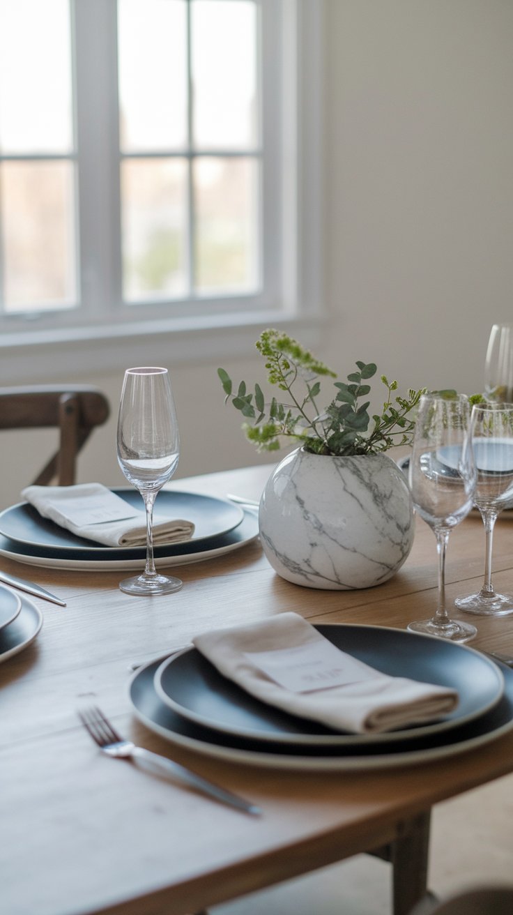 Sculptural object as centerpiece adding visual interest and sophistication to minimalist table