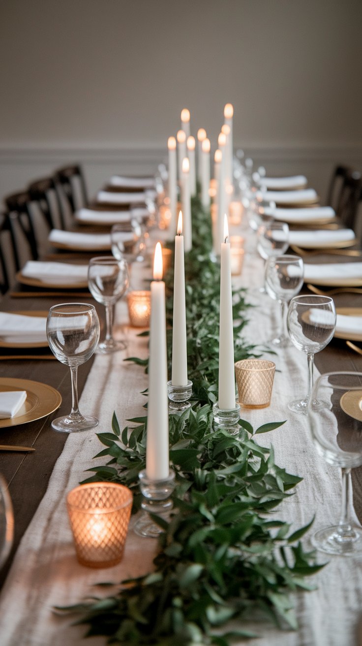 Layered candlelight centerpiece creating warm and dynamic glow for elegant party table