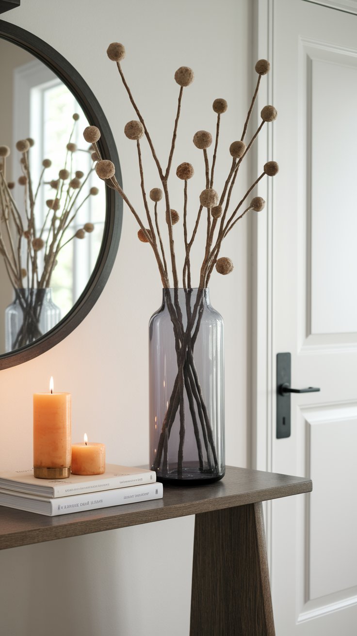 Foraged branch centerpiece bringing seasonal drama to fall entryway decor