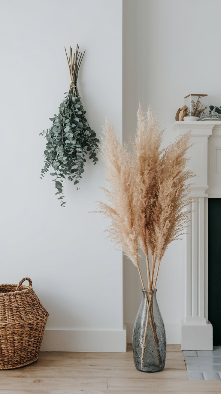 Wheat and pampas bundles adding movement and softness to fall home styling