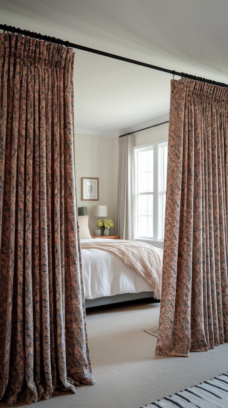 Tension rod divider using shower curtain for quick and renter-friendly room separation