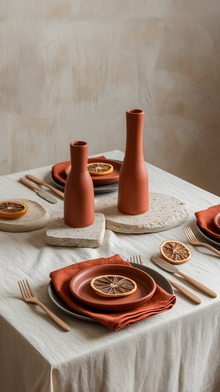 Stone and terracotta wedding table accents creating grounded and sensory-rich decor