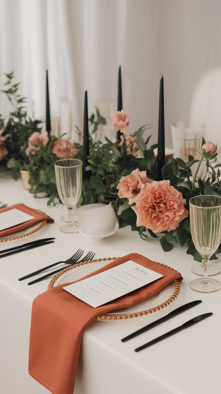 Color-blocked napkins and menus adding graphic elegance to modern table setting