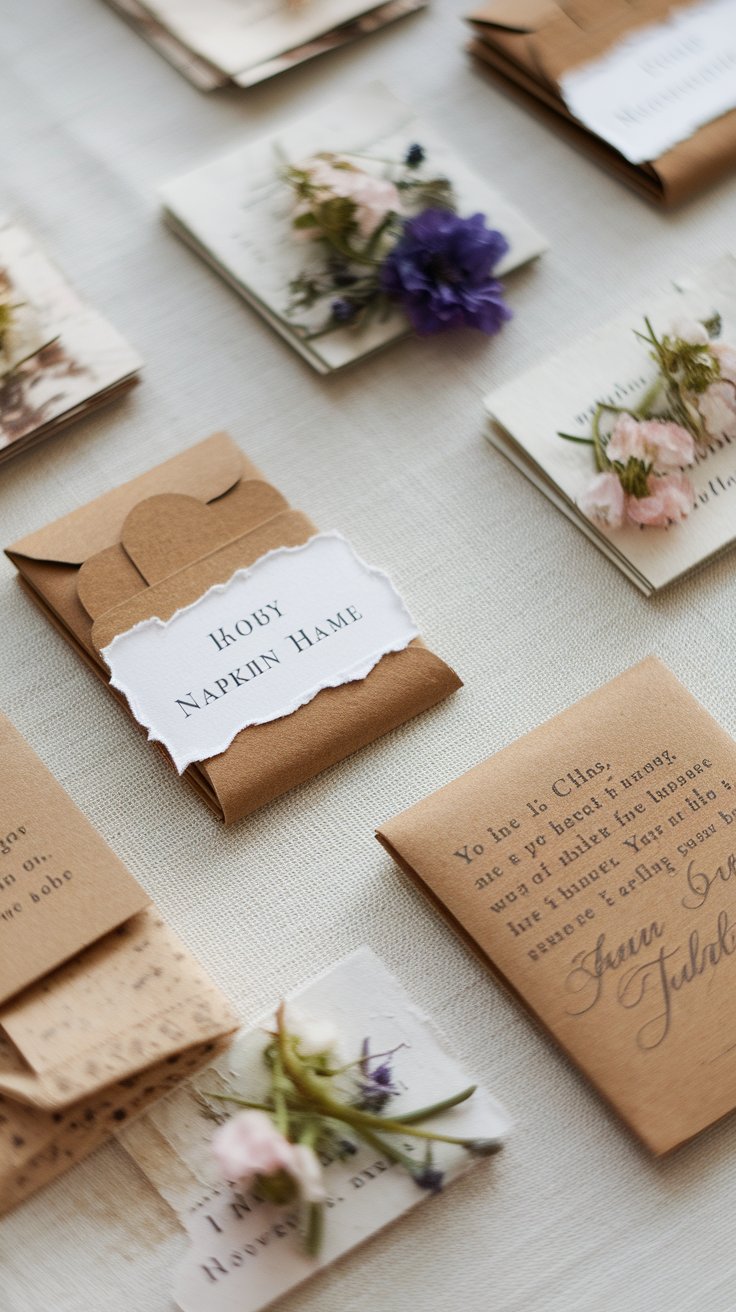 Personalized place cards with natural textures and handwritten details for thoughtful table styling