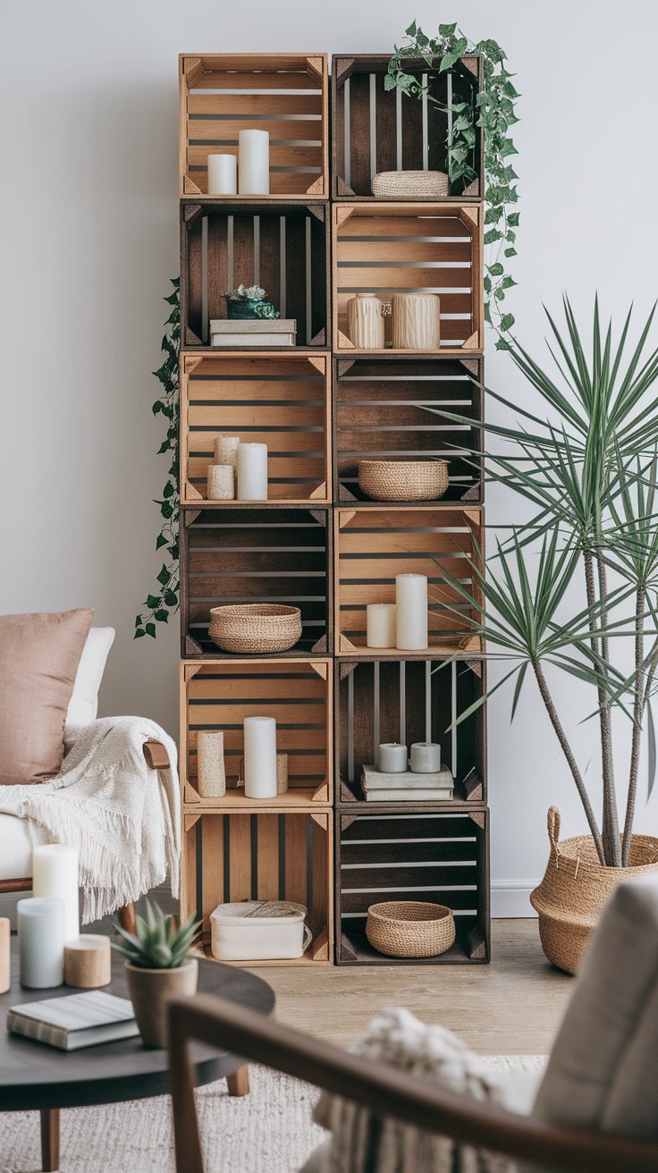 Stacked wooden crates creating rustic and budget-friendly room divider with texture