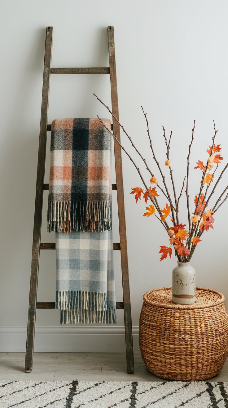 Draped textiles over ladders and baskets adding abundance to cozy fall interiors