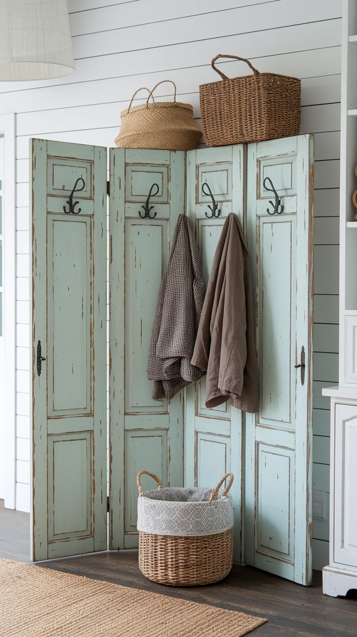 Repurposed door folding screen adding vintage charm and function to rustic room divider