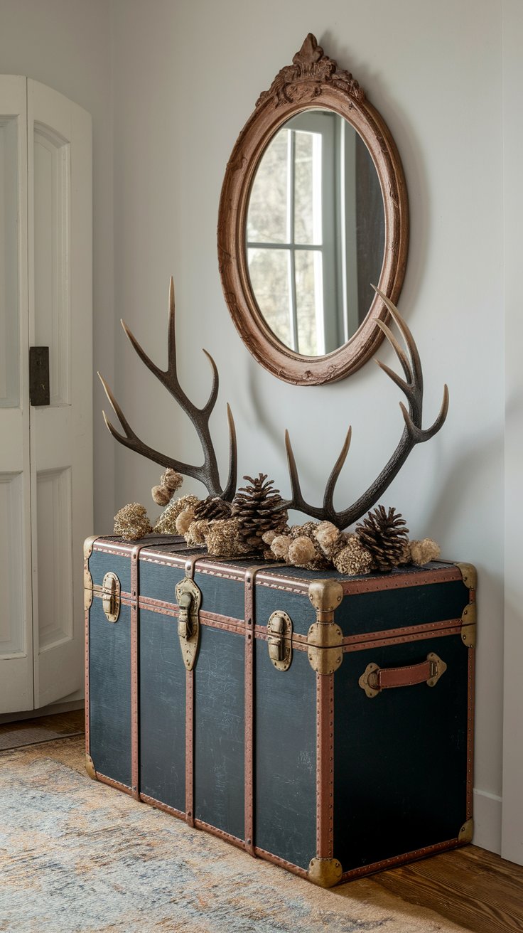 Vintage trunk repurposed as console adding storied charm to western entryway