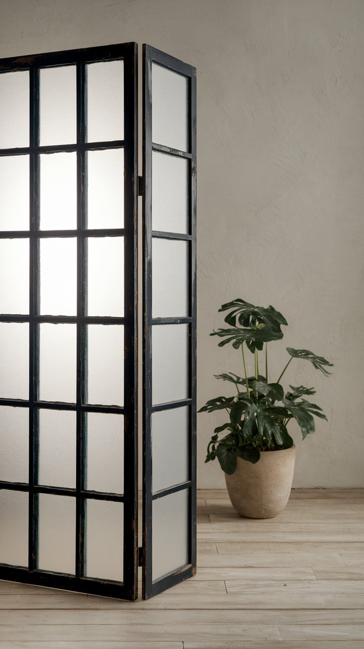Old window frame divider with frosted film adding architectural charm and light-filtering privacy