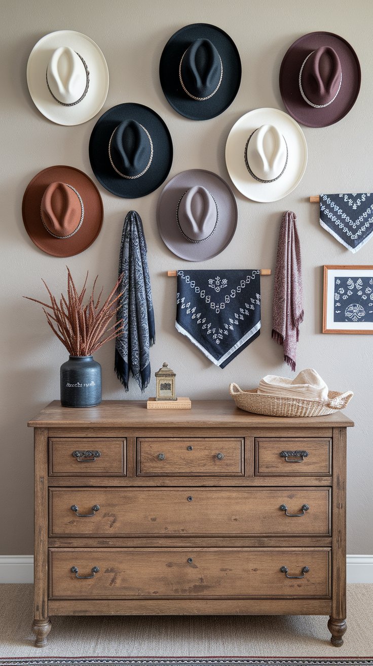 Cowboy hat wall grid serving as functional and artistic statement in western home