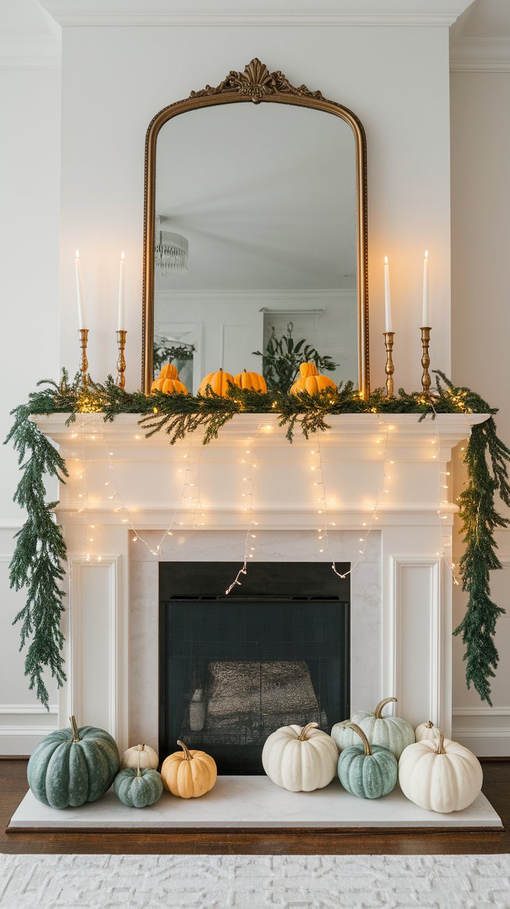 Twinkle lights adding sparkle and softness to fall mantel and window decor