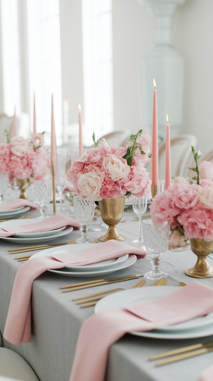 Blush and gold wedding table setting with romantic florals and elegant metallic accents