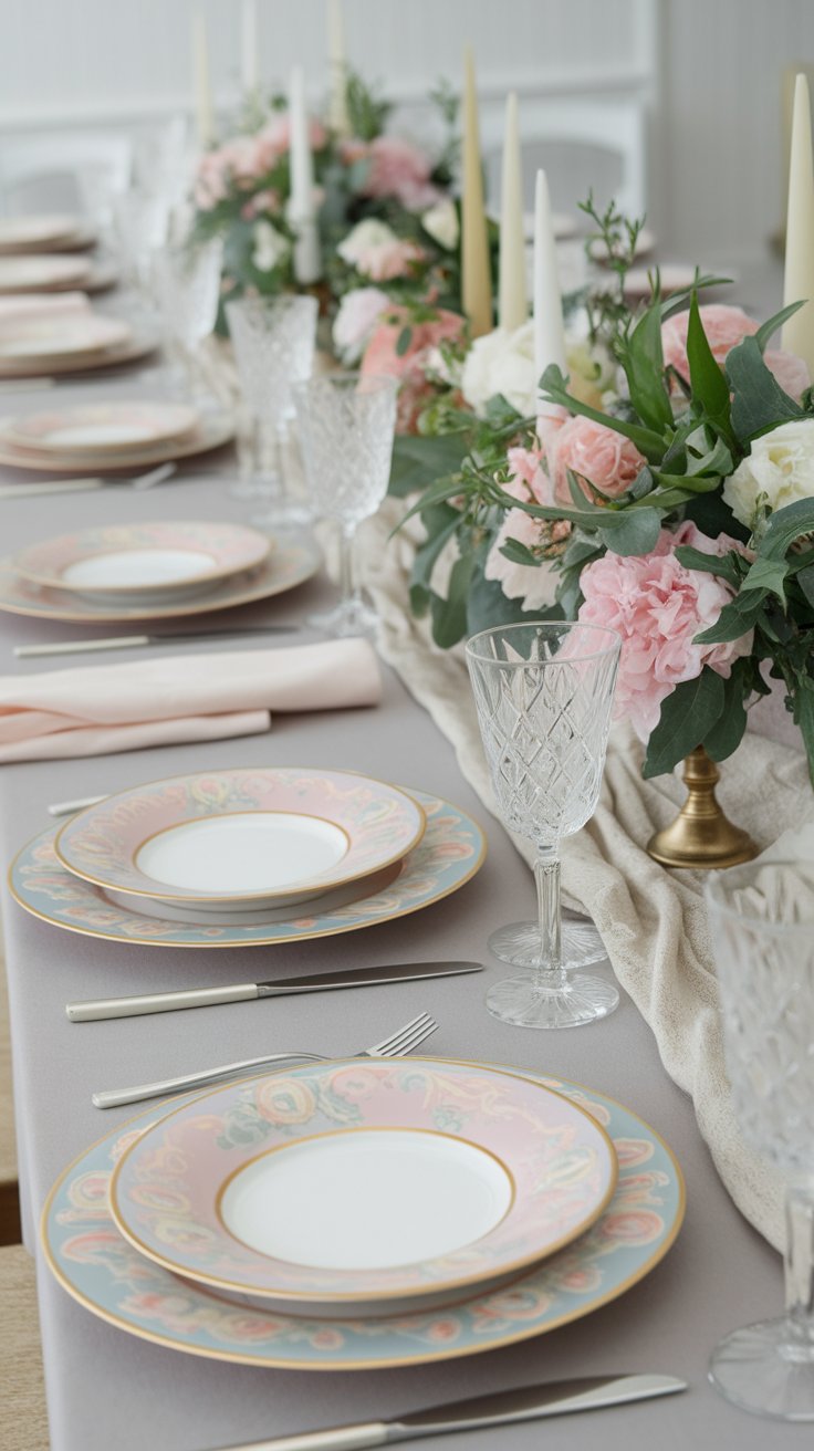 Mismatched vintage china adding whimsy and charm to romantic wedding table design