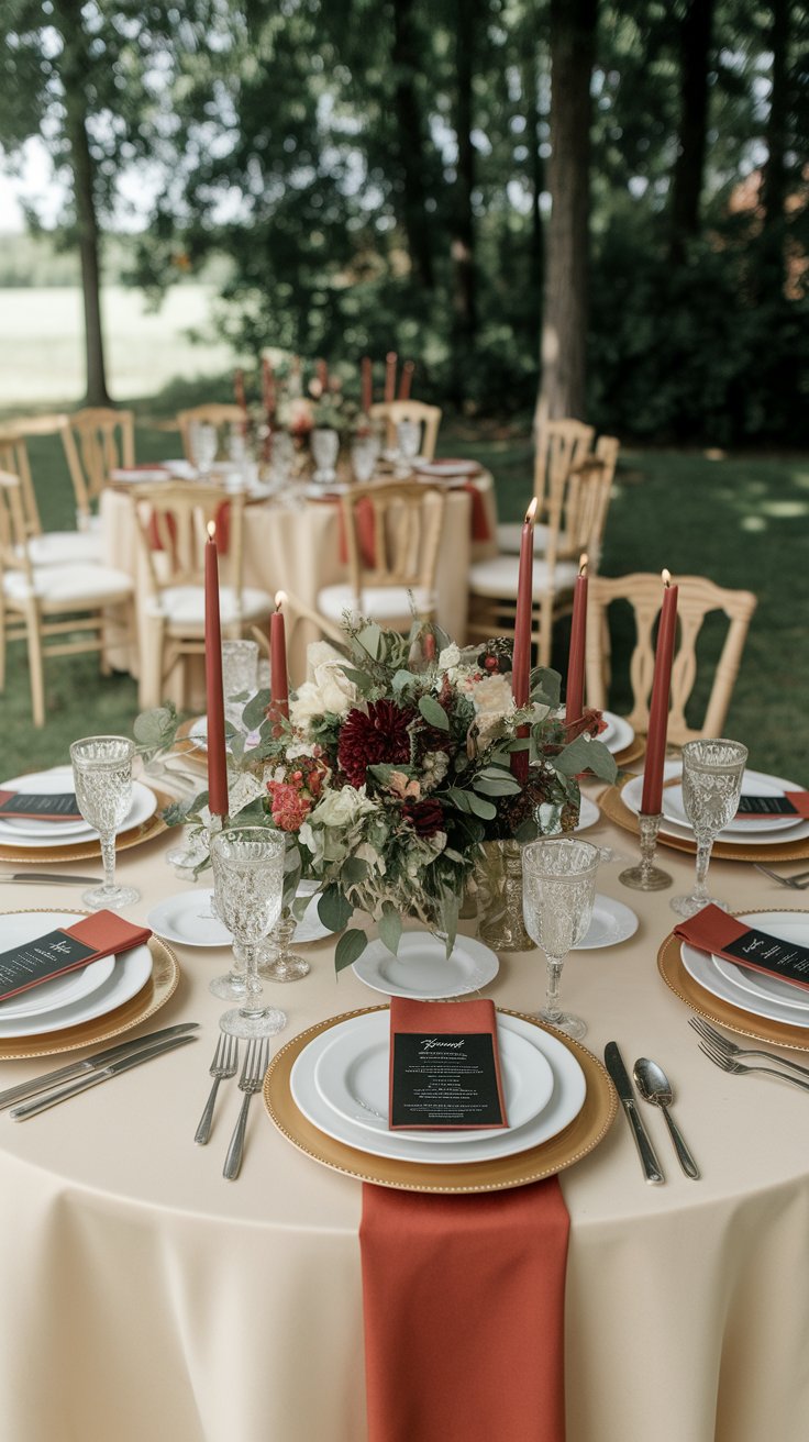 Bold color-blocked wedding table setting with intentional contrast and cohesive styling