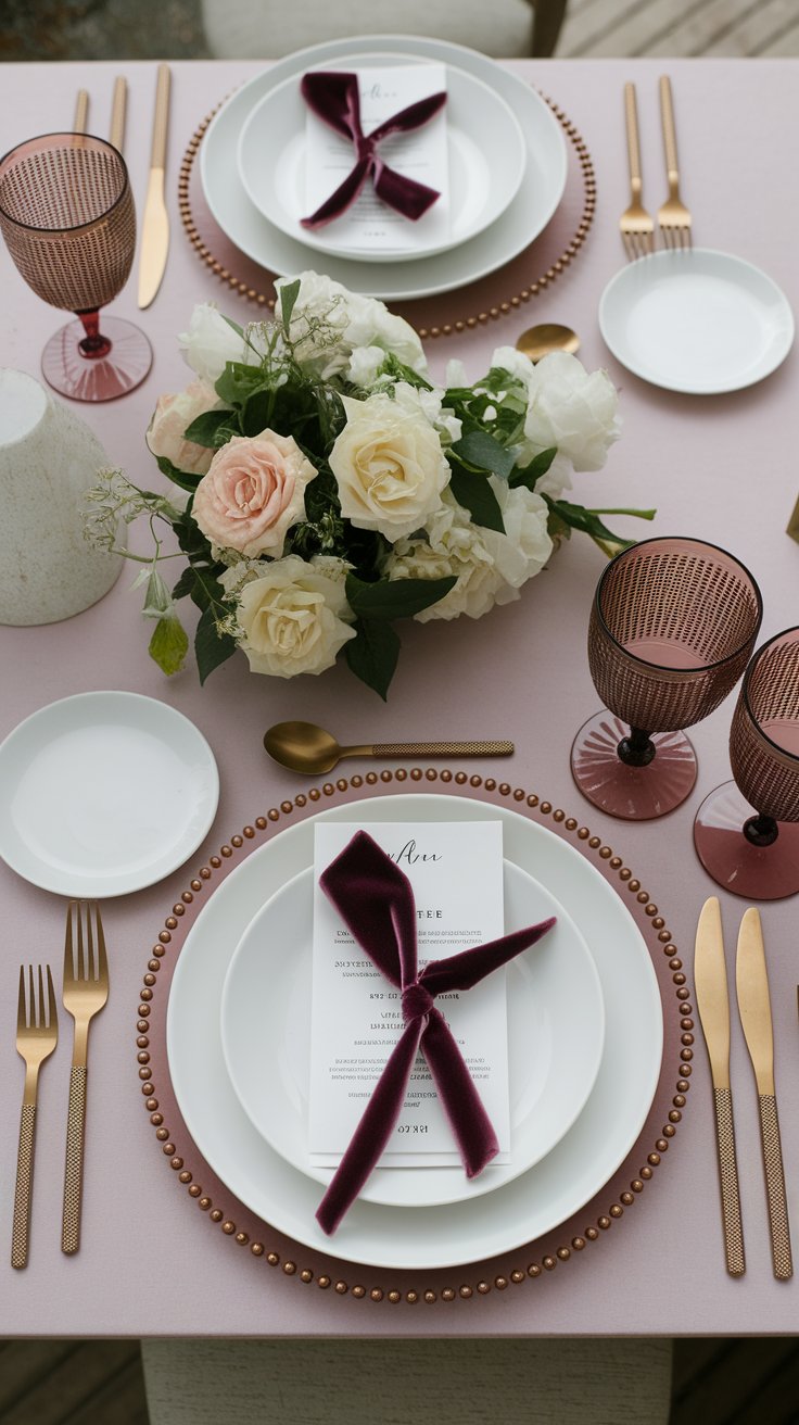 White plates and gold flatware creating timeless and adaptable party table setting