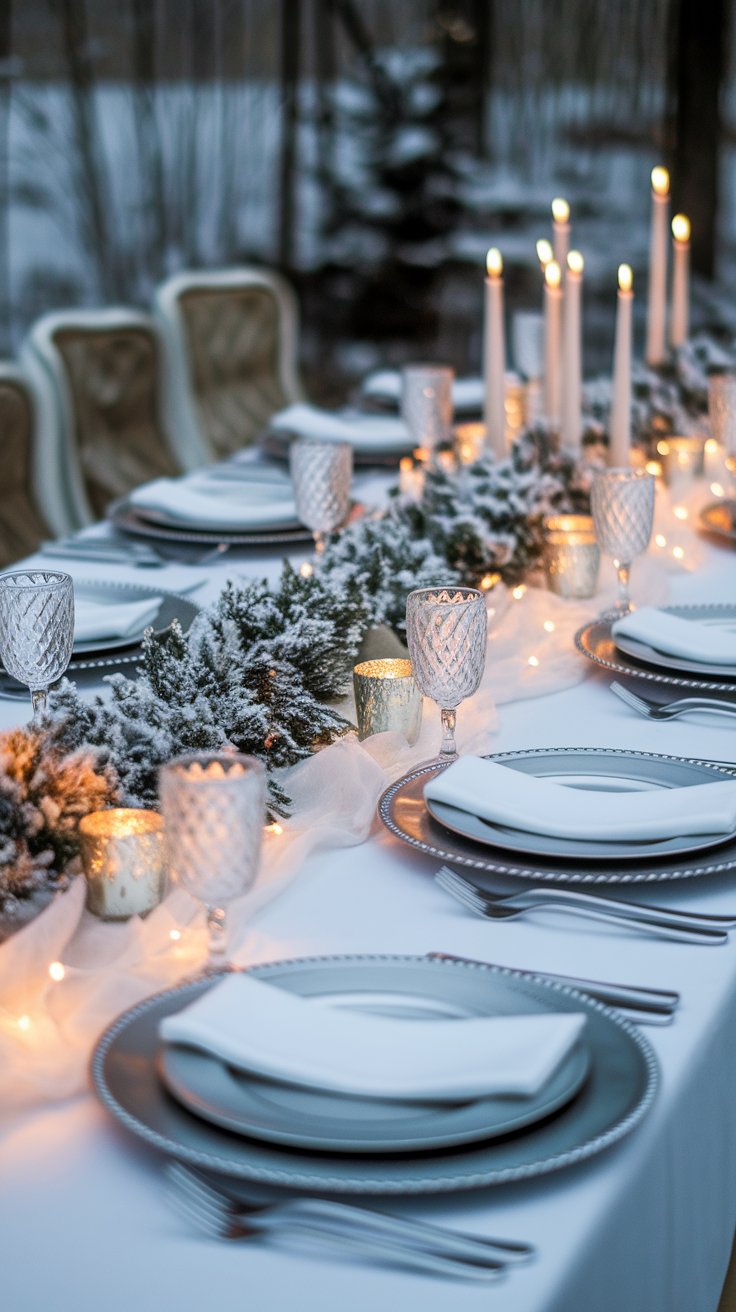 Winter white table setting with silver accents and soft sparkle for ethereal holiday vibe