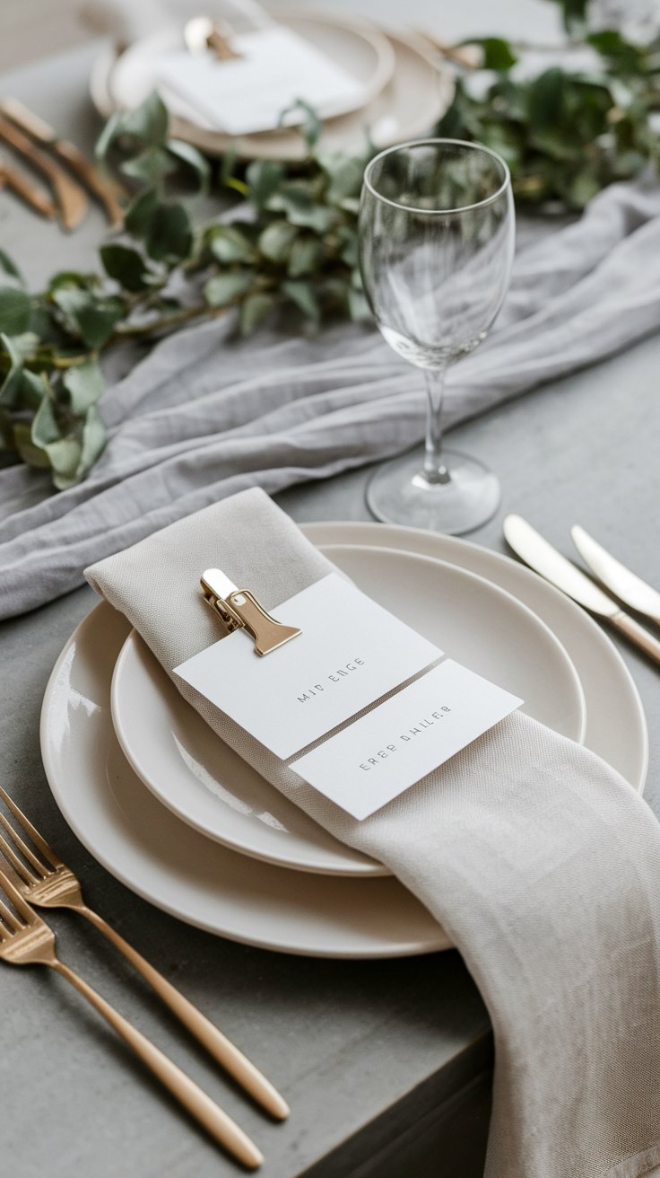 Minimalist place cards with clean fonts adding personal warmth to elegant table setting