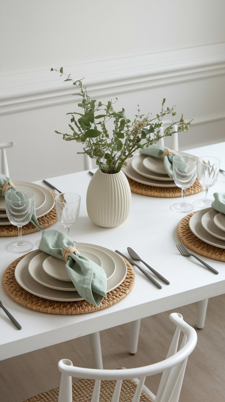 Single color accent in sage green adding subtle contrast to minimalist table styling
