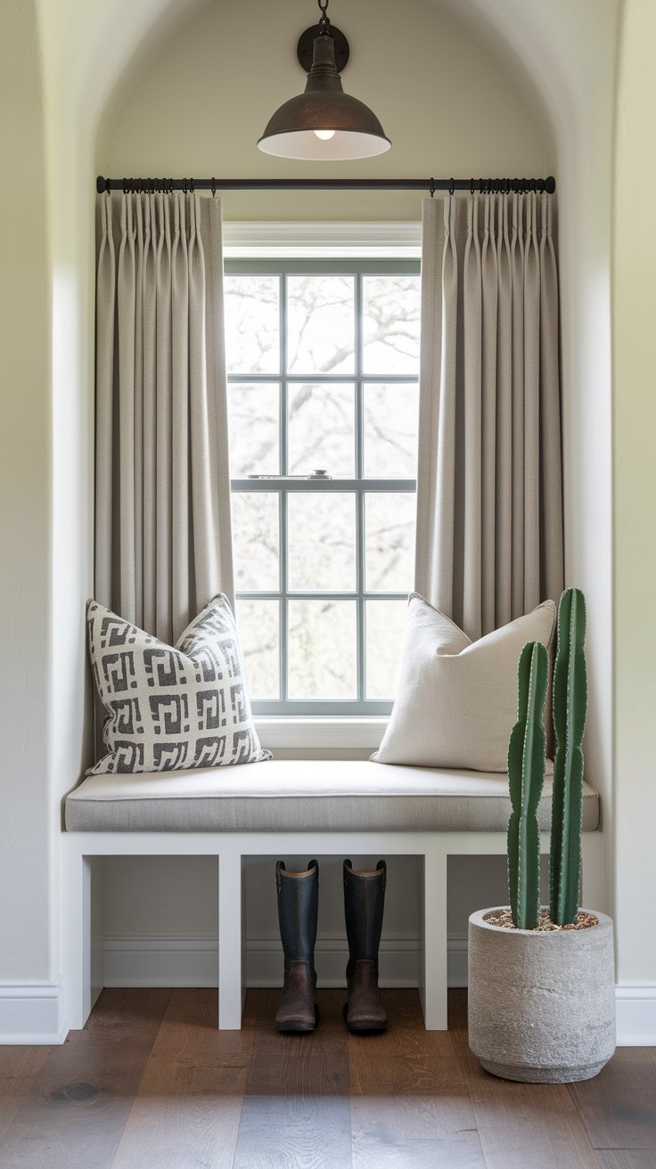 Window nook with boot bench and desert view creating personal retreat in ranch-style home