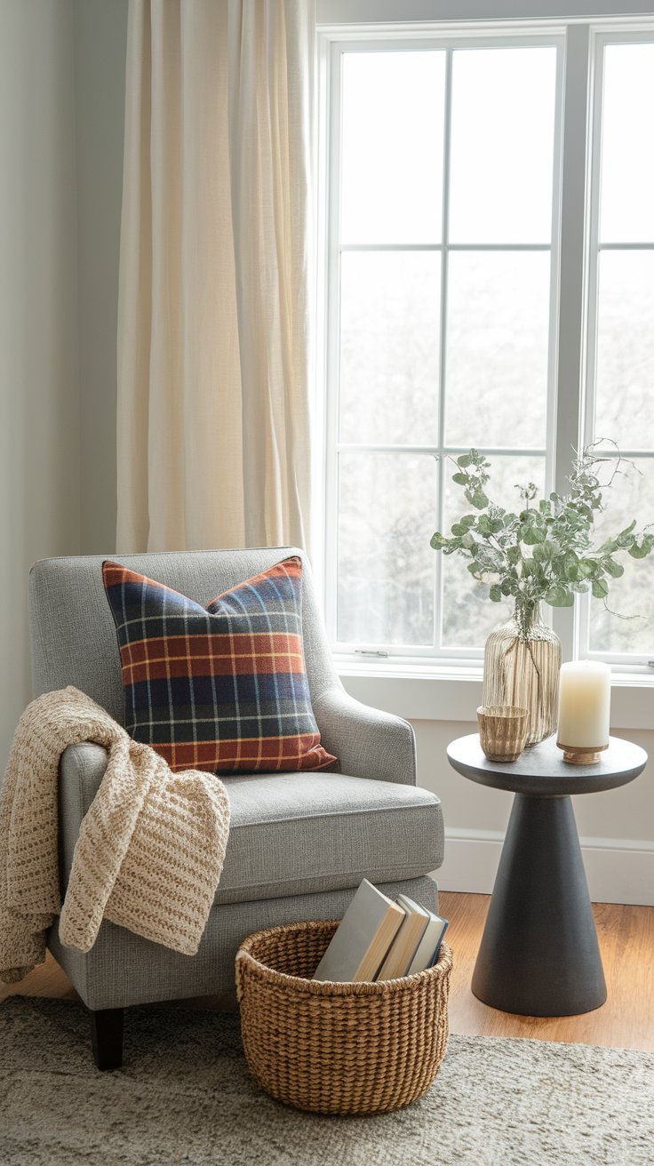 Fall-themed reading nook styled with warm textiles and soft lighting for seasonal comfort