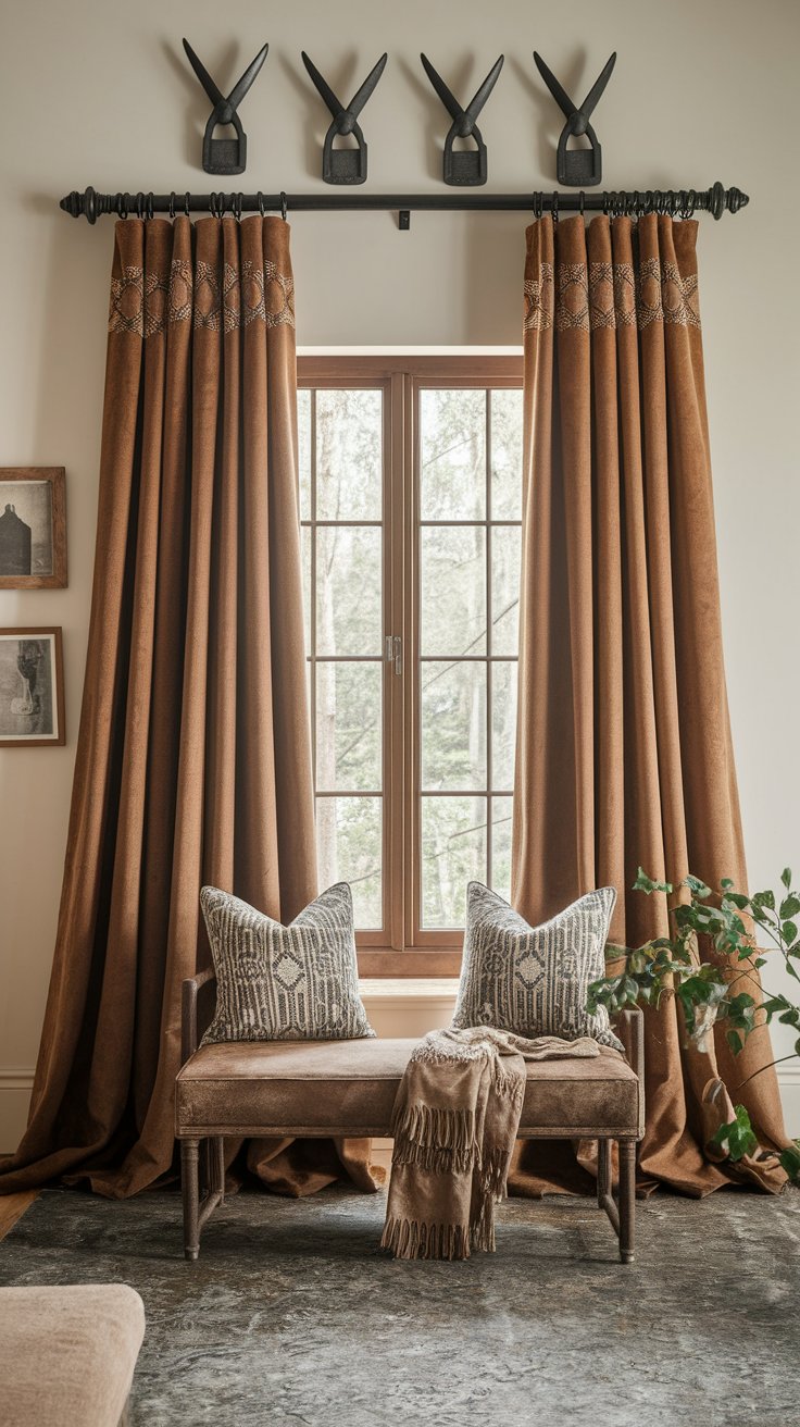 Branding iron curtain rod finials adding subtle ranch identity to window styling