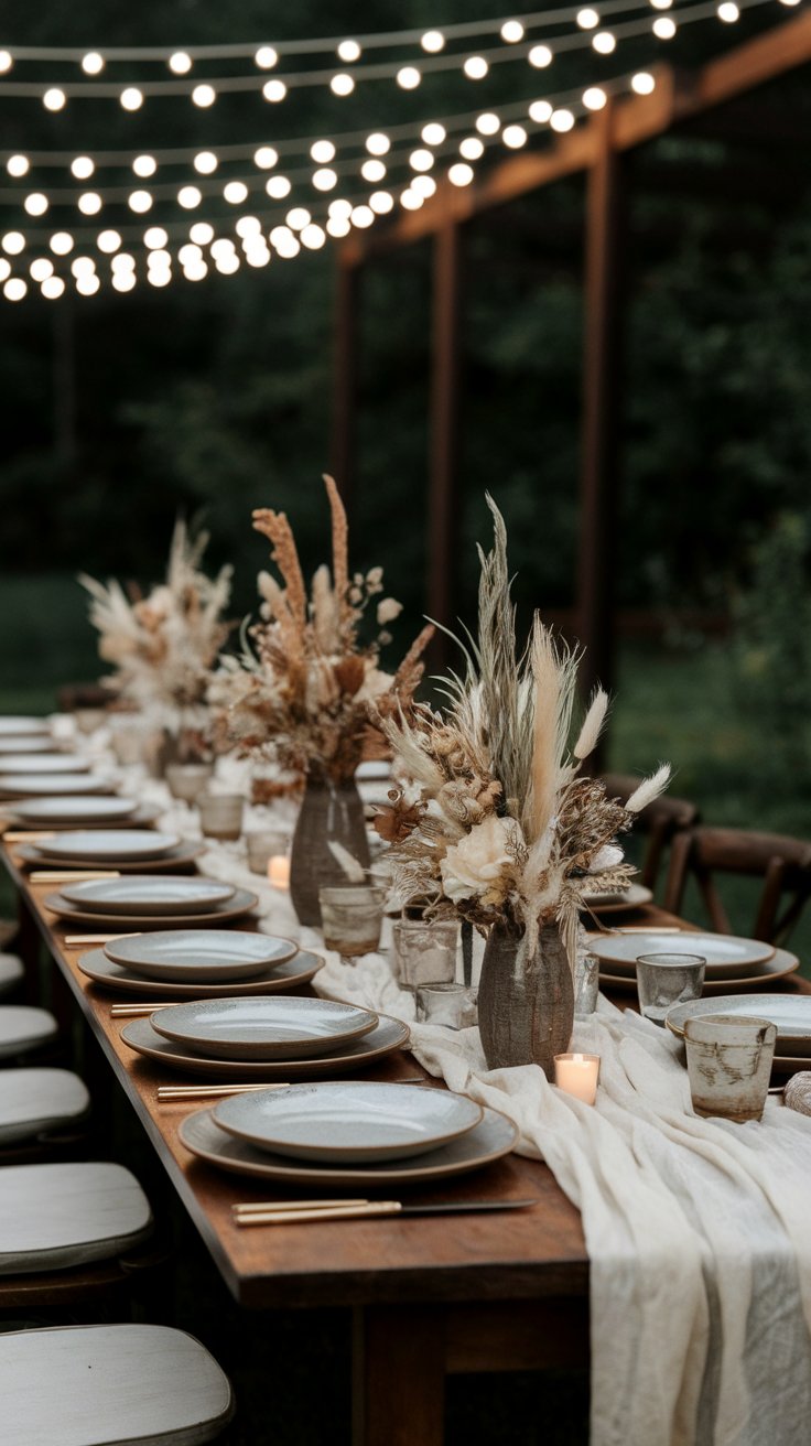 Rustic farmhouse wedding table with neutral decor and cozy outdoor ambiance