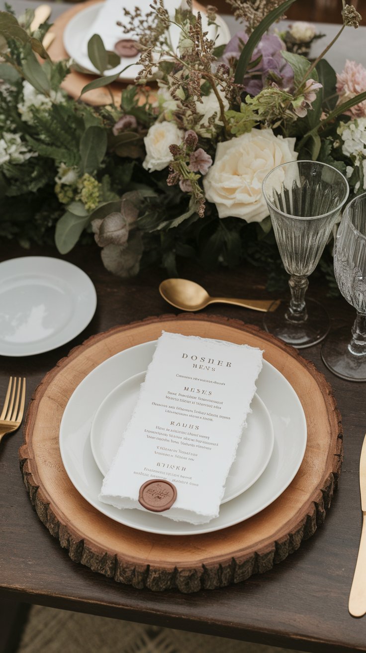 Wooden charger plates and raw-edge menus creating earthy elegance for rustic wedding table