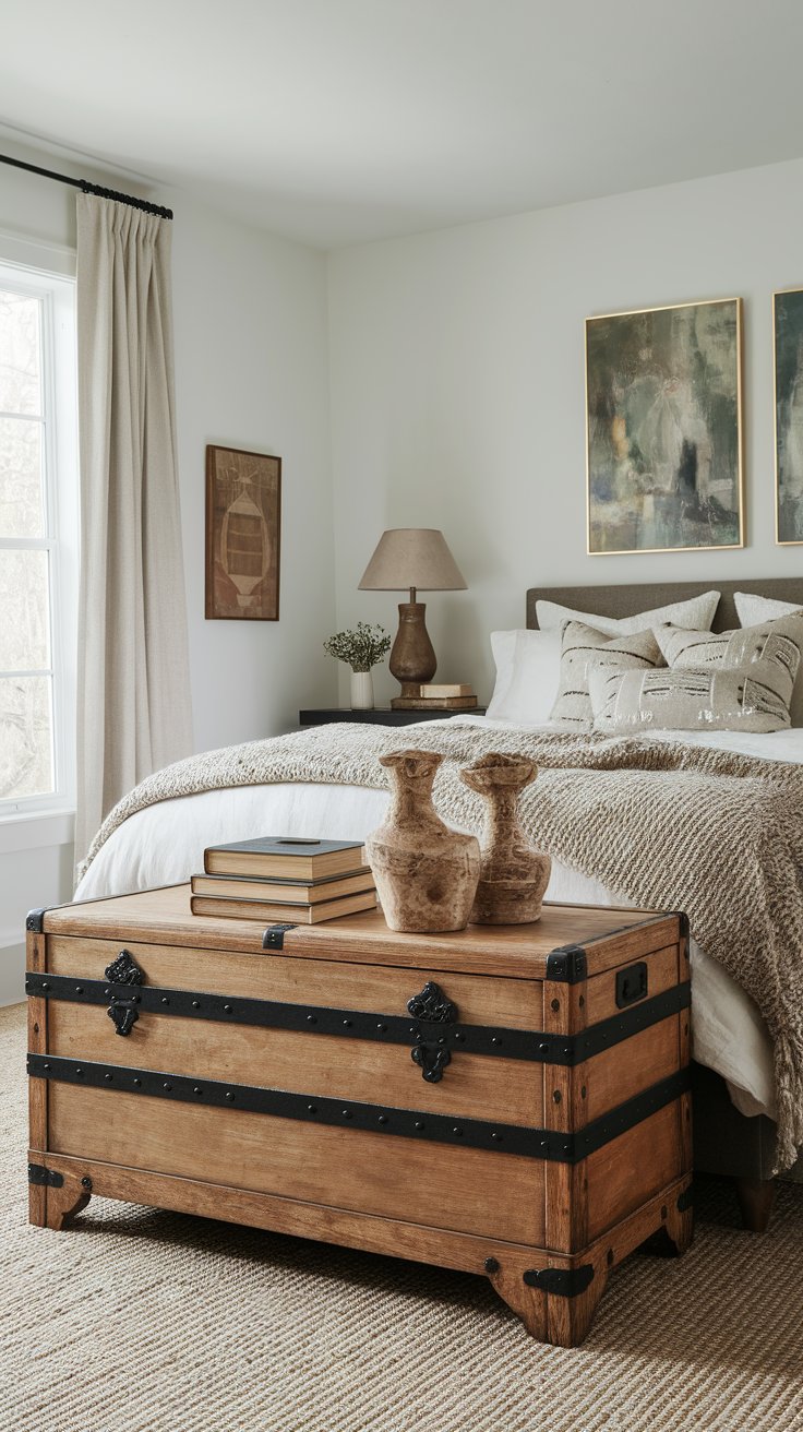 Iron-banded chest serving as functional storage and rustic decor in Viking-style home