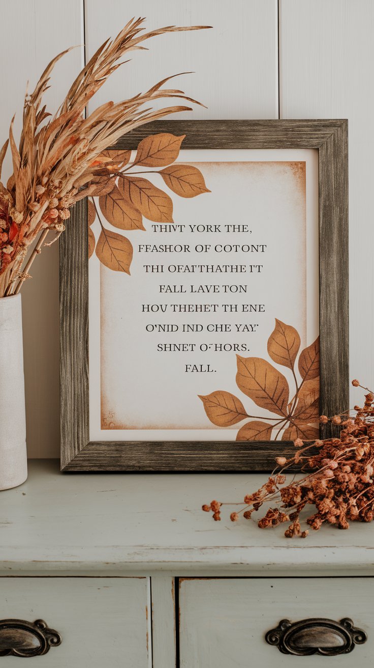 Framed seasonal quotes and vintage prints adding personality to autumn interior styling