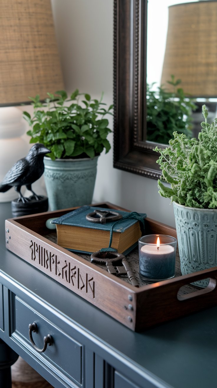 Norse-inspired decor vignette with books and relics telling stories of Viking legacy