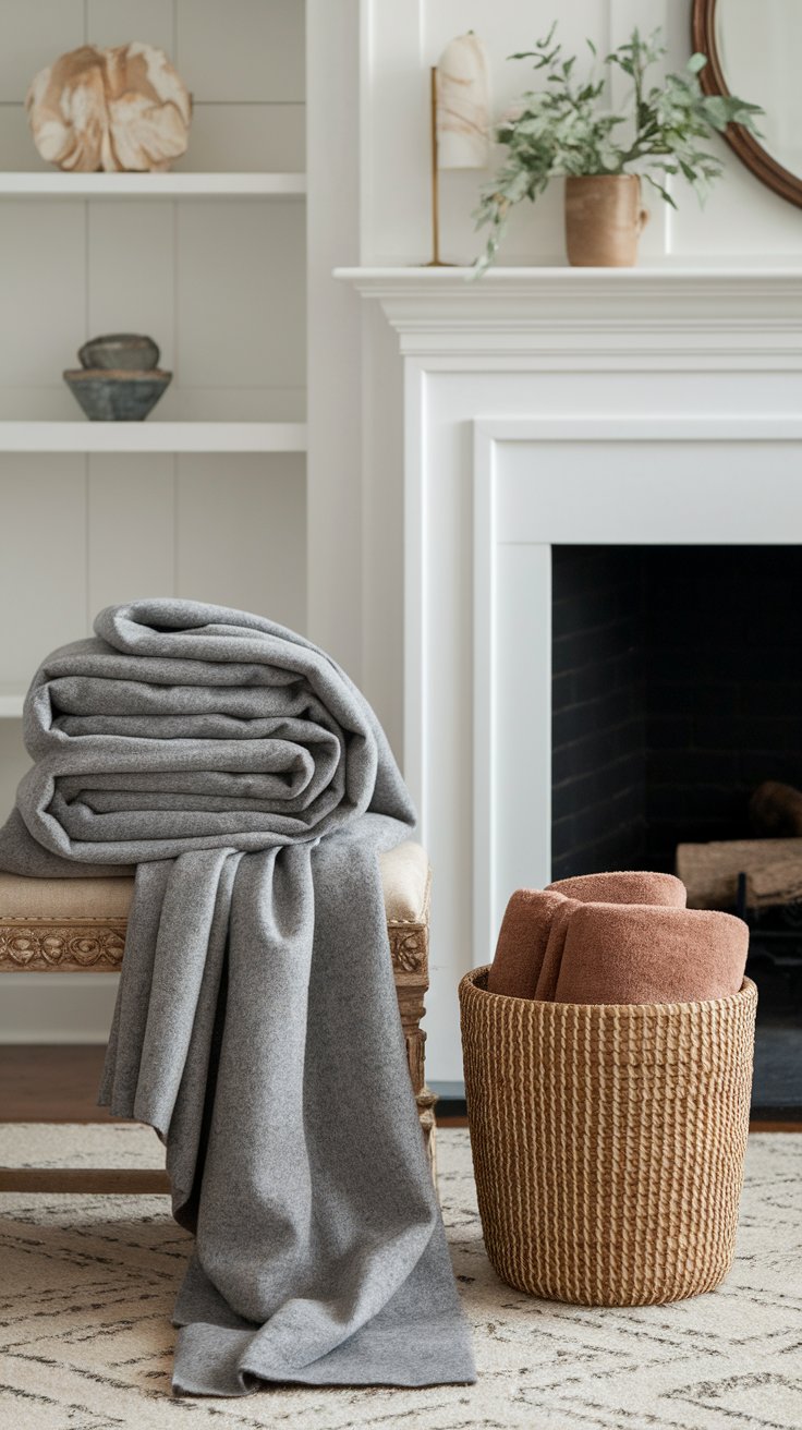 Wool and fur throws in earthy tones adding warmth and authenticity to Viking-style decor