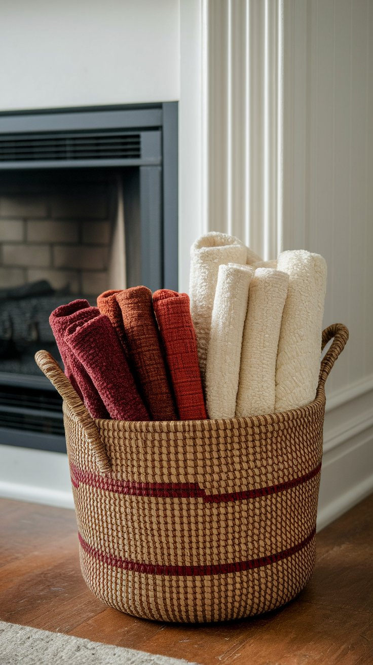 Vintage basket with cozy blankets adding warmth and function to fall living room