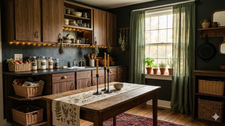 Dark cottagecore kitchen with sage cabinets, antique brass knobs, dried herbs, fairy lights, and rustic Persian rug